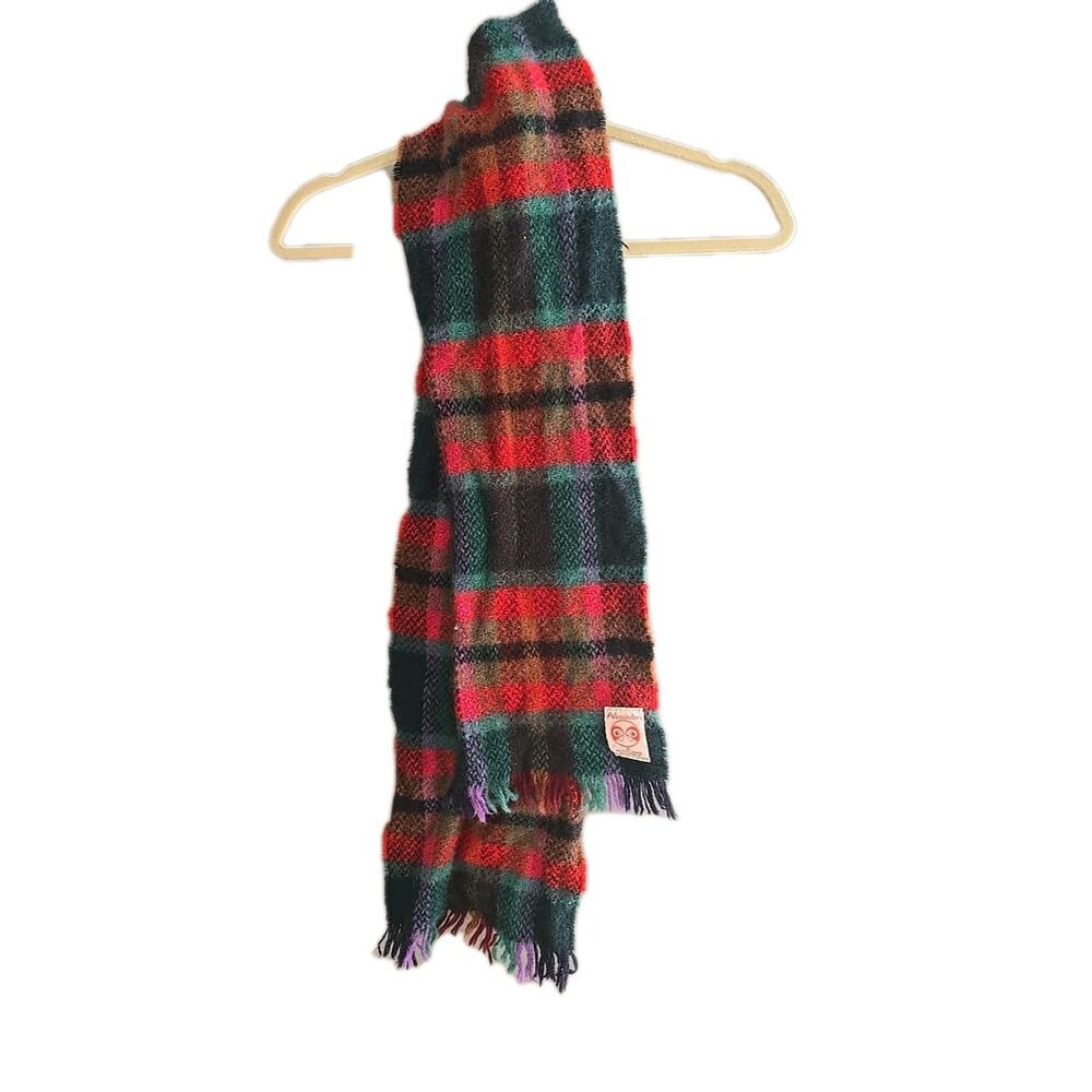 Vintage Alexanders Green Red Plaid Wool Fringe Neck Warmer Scarf Womans Size 60"
